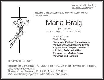 Anzeige von Maria Braig von Schwäbische Zeitung