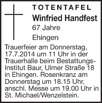 Anzeige von Totentafel 14.07.2014 von Schwäbische Zeitung