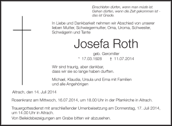 Anzeige von Josefa Roth von Schwäbische Zeitung