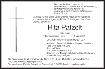 Anzeige von Rita Patzelt von Schwäbische Zeitung