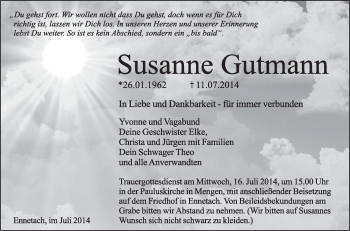 Anzeige von Susanne Gutmann von Schwäbische Zeitung