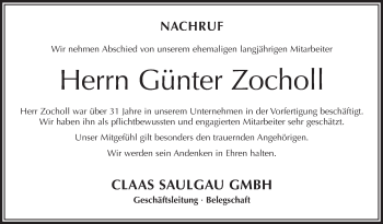 Anzeige von Günter Zocholl von Schwäbische Zeitung