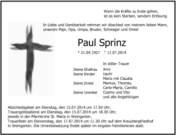 Anzeige von Paul Sprinz von Schwäbische Zeitung