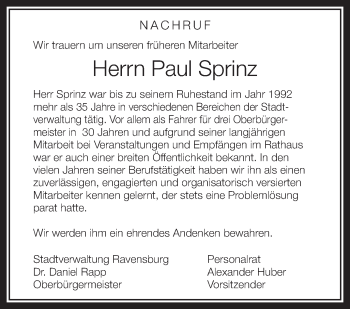 Anzeige von Paul Sprinz von Schwäbische Zeitung