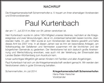 Anzeige von Paul Kurtenbach von Schwäbische Zeitung