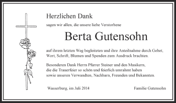 Anzeige von Berta Gutensohn von Schwäbische Zeitung