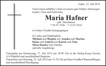 Anzeige von Maria Hafner von Schwäbische Zeitung