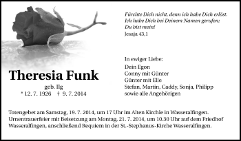 Anzeige von Theresia Funk von Schwäbische Zeitung