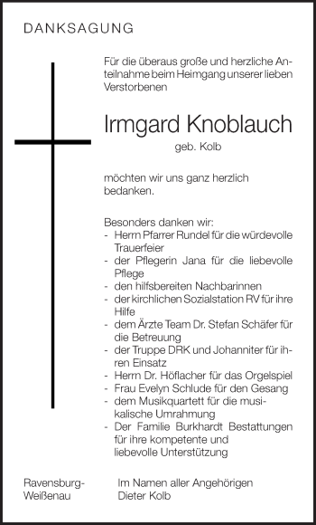 Anzeige von Irmgard Knoblauch von Schwäbische Zeitung