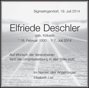 Anzeige von Elfriede Deschler von Schwäbische Zeitung