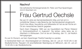 Anzeige von Gertrud Oechsle von Schwäbische Zeitung
