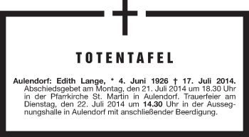 Anzeige von Totentafel vom 19.07.2014 von Schwäbische Zeitung