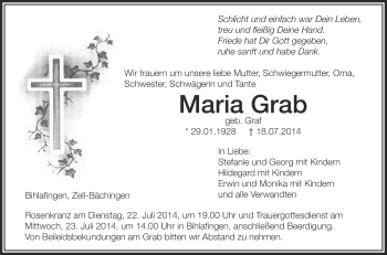 Anzeige von Maria Grab von Schwäbische Zeitung
