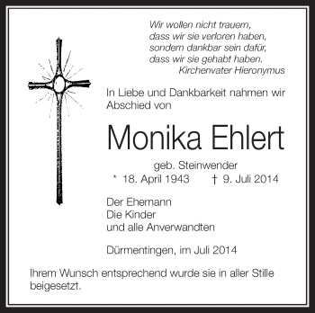 Anzeige von Monika Ehlert von Schwäbische Zeitung
