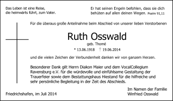 Anzeige von Ruth Osswald von Schwäbische Zeitung