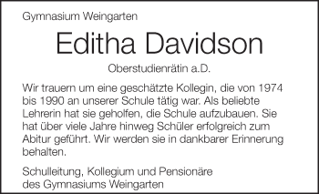 Anzeige von Editha Davidson von Schwäbische Zeitung
