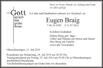 Anzeige von Eugen Braig von Schwäbische Zeitung