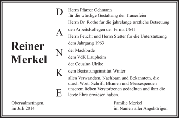 Anzeige von Reiner Merkel von Schwäbische Zeitung