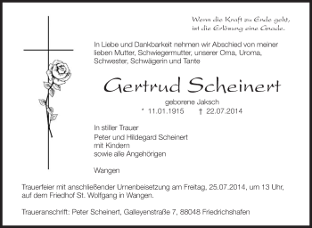 Anzeige von Gertrud Scheinert von Schwäbische Zeitung