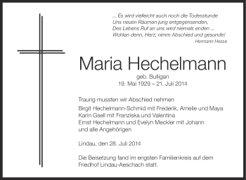Anzeige von Maria Hechelmann von Schwäbische Zeitung
