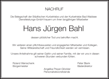 Anzeige von Hans Jürgen Bahl von Schwäbische Zeitung