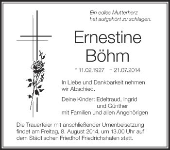 Anzeige von Ernestine Böhm von Schwäbische Zeitung