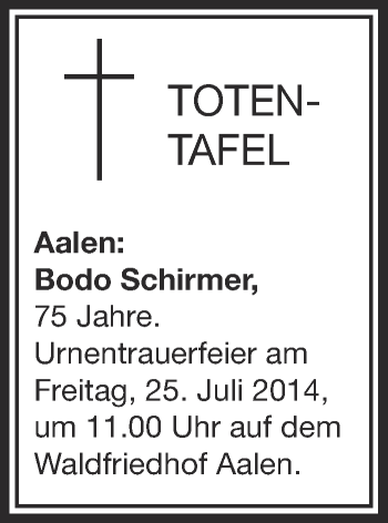 Anzeige von Totentafel vom 24.07.2014 von Schwäbische Zeitung