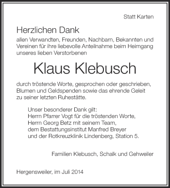 Anzeige von Klaus Klebusch von Schwäbische Zeitung