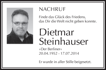 Anzeige von Dietmar Steinhauser von Schwäbische Zeitung