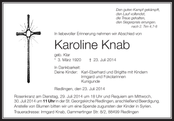 Anzeige von Karoline Knab von Schwäbische Zeitung