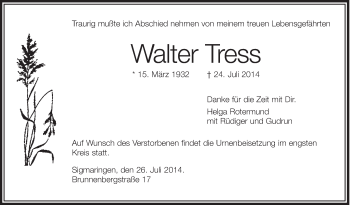 Anzeige von Walter Tress von Schwäbische Zeitung