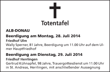 Anzeige von Totentafel vom 26.07.2014 von Schwäbische Zeitung