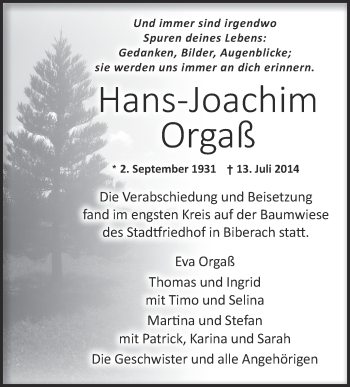 Anzeige von Hans-Joachim Orgaß von Schwäbische Zeitung