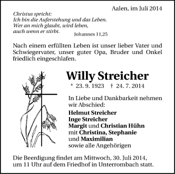 Anzeige von Willy Streicher von Schwäbische Zeitung
