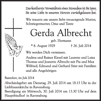 Anzeige von Gerda Albrecht von Schwäbische Zeitung