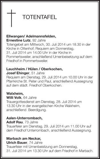 Anzeige von Totentafel vom 28.07.2014 von Schwäbische Zeitung
