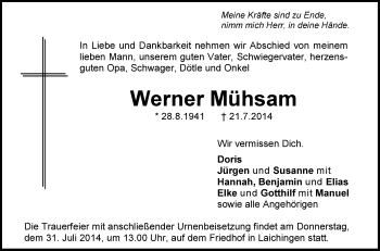 Anzeige von Werner Mühsam von Schwäbische Zeitung