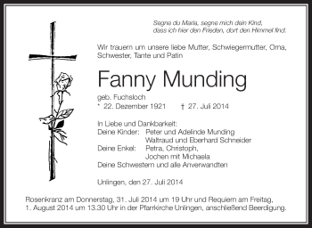 Anzeige von Fanny Munding von Schwäbische Zeitung