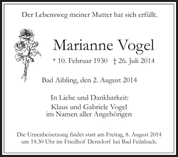 Anzeige von Marianne Vogel von Schwäbische Zeitung