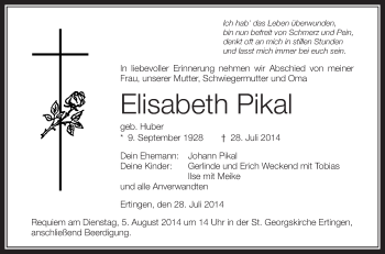 Anzeige von Elisabeth Pikal von Schwäbische Zeitung
