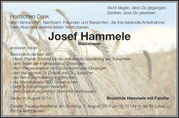 Anzeige von Josef Hammele von Schwäbische Zeitung