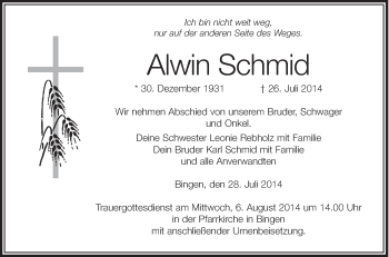 Anzeige von Alwin Schmid von Schwäbische Zeitung
