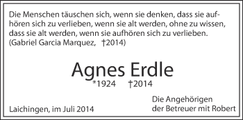 Anzeige von Agnes Erdle von Schwäbische Zeitung