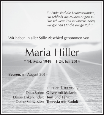 Anzeige von Maria Hiller von Schwäbische Zeitung