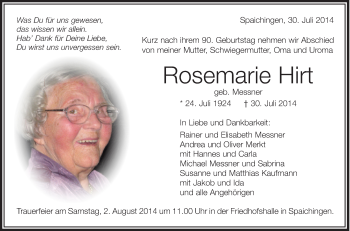 Anzeige von Rosemarie Hirt von Schwäbische Zeitung