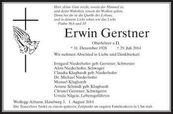 Anzeige von Erwin Gerstner von Schwäbische Zeitung