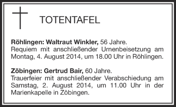 Anzeige von Totentafel vom 01.08.2014 von Schwäbische Zeitung