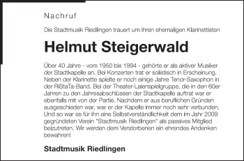 Anzeige von Helmut Steigerwald von Schwäbische Zeitung