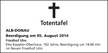 Anzeige von Totentafel vom 02.08.2014 von Schwäbische Zeitung