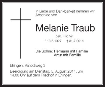Anzeige von Melanie Traub von Schwäbische Zeitung